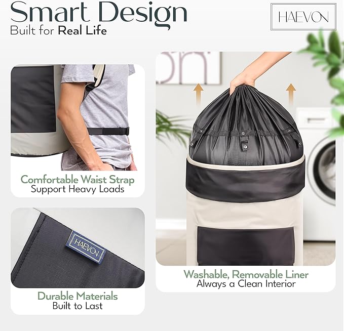 Haevon Laundry Backpack - 131L Heavy Duty Laundry Bag with Padded Shoulder & Waist Straps, Removable Liner College, Dorm, Apartment, Travel, Outdoor - Big Laundry Bag for Easy Carrying (Grey Black)