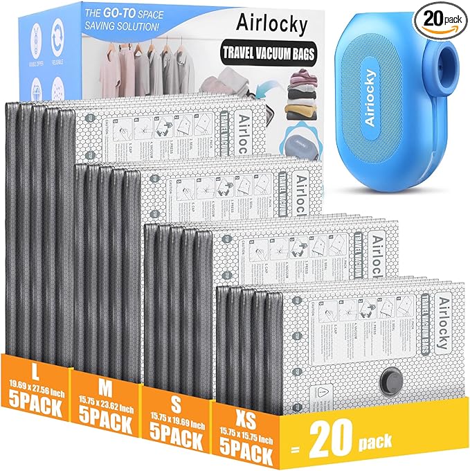 Travel Vacuum Storage Bags with Pump, 20 Pack Carry-on Compression Packing Bags + Portable Electric Pump, 80% Space Saver of Clothes, Vacuum Seal Bags for Clothing Travel Luggage