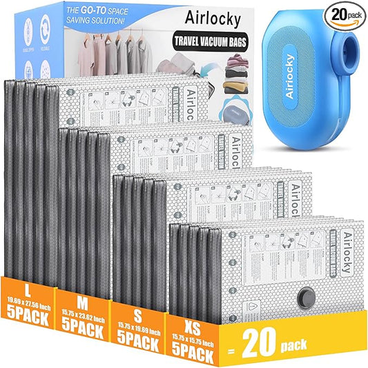 Travel Vacuum Storage Bags with Pump, 20 Pack Carry-on Compression Packing Bags + Portable Electric Pump, 80% Space Saver of Clothes, Vacuum Seal Bags for Clothing Travel Luggage