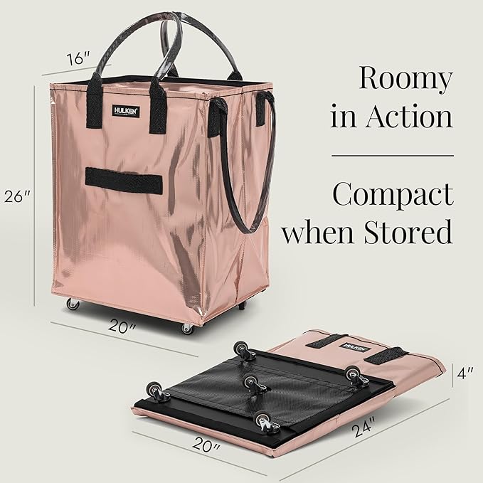 (Large, Rose Gold) Reusable Grocery Bag On Wheels, Shopping Trolley, Rolling Tote, Zipper Closure, Lightweight, Carries Up to 66 lb, Folds Flat, Unbreakable Handles