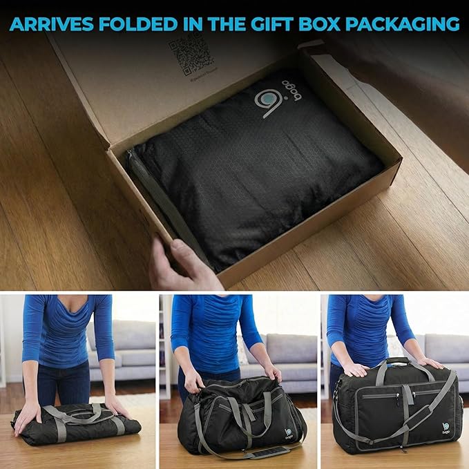 Bago Compact Duffle Bag for Travel Women & Men. Durable Lightweight Foldable Travel Duffel Bags For Traveling Women. 40L Duffle Bags a Reliable Weekender duffel or Overnight Bag With Shoe Compartment