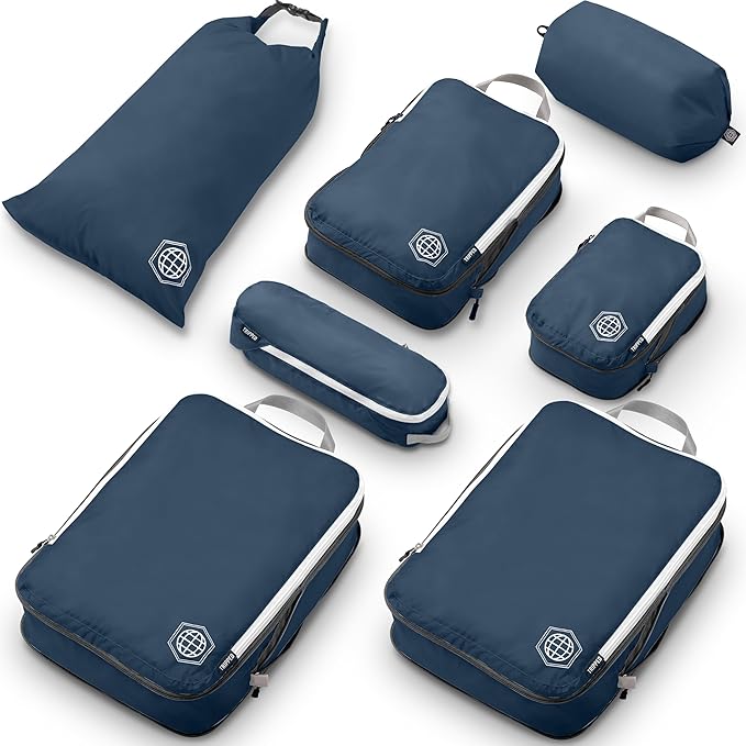 Large Compression Packing Cubes for Travel-Packing Cube Luggage Organizers 7 Piece Set for Checked Luggage-Ultralight, Expandable/Compression Bags by TRIPPED Travel Gear (Navy/White)