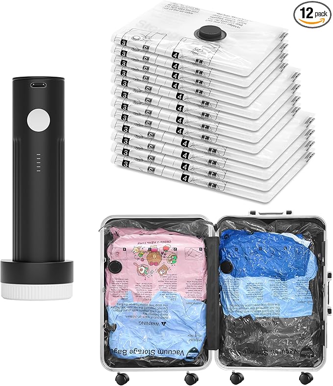 Vacuum Seal Bags for Clothing Travel and Home Storage, Travel Vacuum Bags with Electric Pump, Space Saver Compression Packing Cubes for Luggage Suitcase Bedding Blankets Clothes, 12 Combo