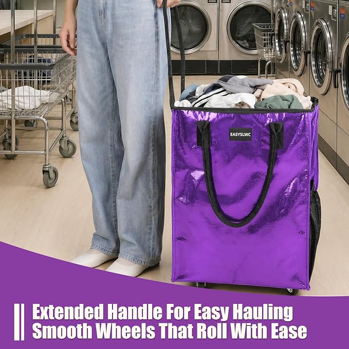 Reusable Hauler Rolling Tote Bag, Collapsible Portable Shopping Bag with Wheels for Groceries, Apartments Laundry, Organization , Heavy Duty Utility Tote Bag, Travel and Moving, 75lbs, Glossy Purple