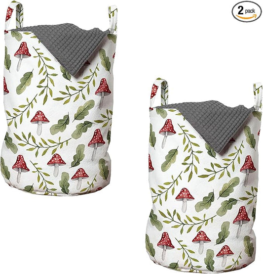 Ambesonne Mushroom Laundry Bag Pack of 2, Watercolor Pattern Green Leaves Forest Elements Botanical Woodland Theme, Hamper Basket with Handles Drawstring Closure, 13" x 19", Green Ruby