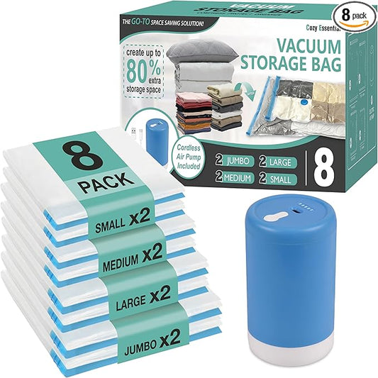 Cozy Essential Travel Vacuum Storage Bags with Rechargeable Cordless USB Pump, Space Saver Bags for Luggage, Suitcase, Carry-On, for Clothes, Blankets, Bedding & Seasonal Storage,8 Combo