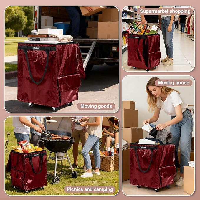 (Medium,Red) Reusable Grocery Bag on 4 Wheels, Foldable Rolling Tote Bag with 3 Handles and Zipper, Storage Organizer for Groceries, Rolling Shopping Cart for Travel, 76lb