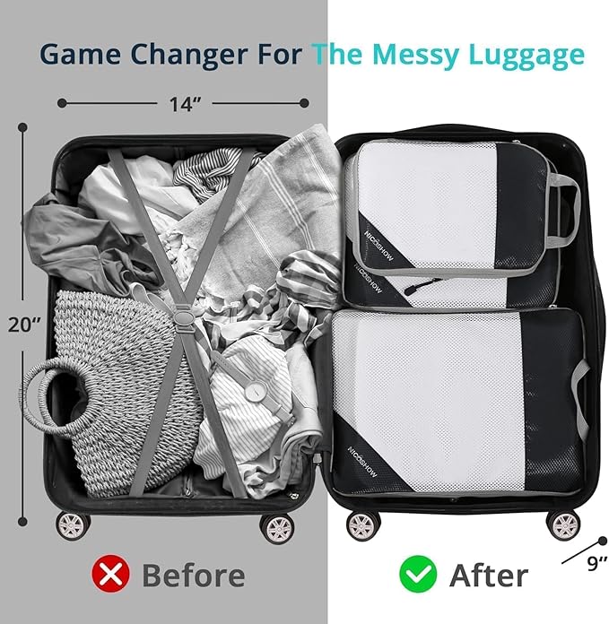 NICOSHOW 6 Set Compression Packing Cubes for Travel - Compressible, Lightweight, and Space-Saving Packing Cubes, Travel Essentials for Women, Black
