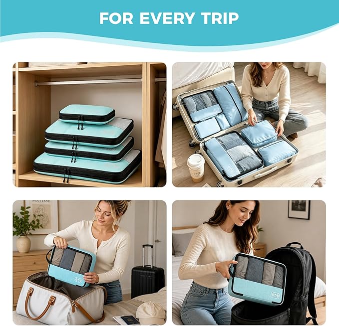 Compression Packing Cubes Set, Versatile 8pc Travel Essential Packing System- Lightweight Travel Organizers for Family & Business Travel, Space Save for Backpack, Duffel & Suitcase- Blue