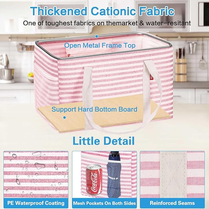 LHZK 2 Pack Utility Tote Bag with Metal Wire Frame and the Sides Rinforced, Large Tote Bag with Handle, Reusable Grocery Bags Foldable, Beach Bag, Car Tote (Pink, 18.5''x11.8''x11.5'')