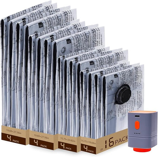 Fast-Charging Wireless Pump and 16 Pack Vacuum Compression Storage Bags,Multi-Size Combo 70% Space Saving for Clothing, Bedding & Seasonal Storage & Space Saver for Luggage