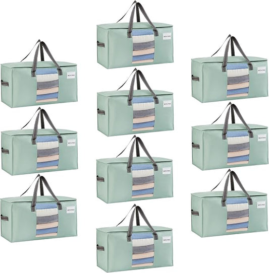 VENO 10 Pack Heavy Duty Moving Bags, Clothes and Comforter Storage Bags with Clear Window, College Dorm Essentials Packing Supplies, Foldable Boxes Alternative (Light Green Matte, 10 Pack)