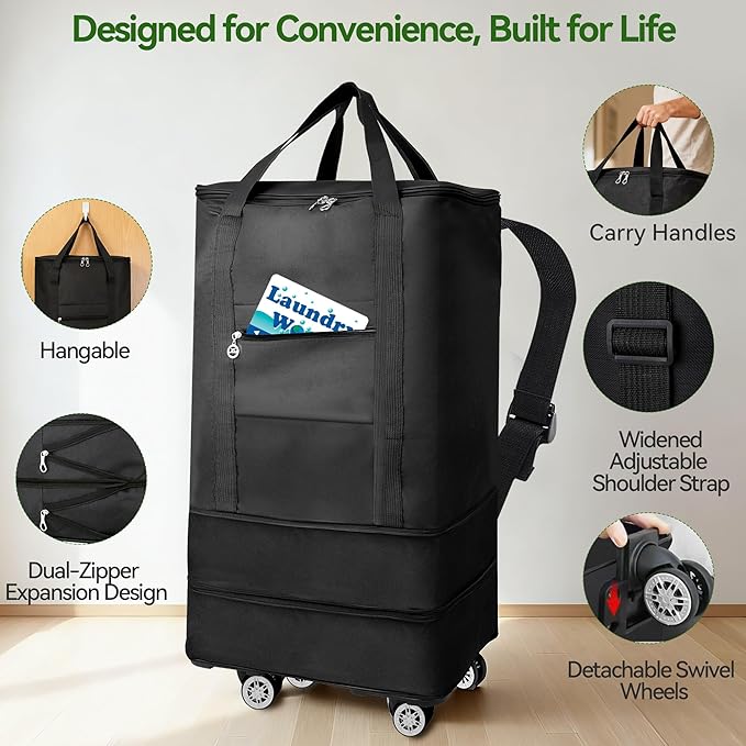 Coomee Laundry Bag Backpack with Wheels, 900D Oxford Fabric Foldable Rolling Travel Laundry Bags with Detachable Wheels & Straps, Waterproof for Laundromat, College Dorm, Apartment, Travel, Camping