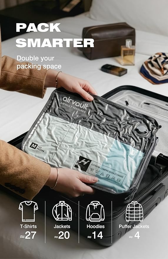 AirVault Reusable Vacuum Compression Travel Bag for Carry-On Suitcase and Backpack, Recycled IP67 Waterproof Space Saver Vacpack (21L Gray (3-Pack) (Air Pump Included)
