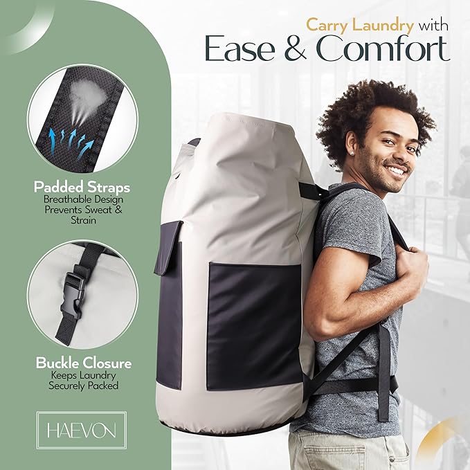Haevon Laundry Backpack - 131L Heavy Duty Laundry Bag with Padded Shoulder & Waist Straps, Removable Liner College, Dorm, Apartment, Travel, Outdoor - Big Laundry Bag for Easy Carrying (Grey Black)