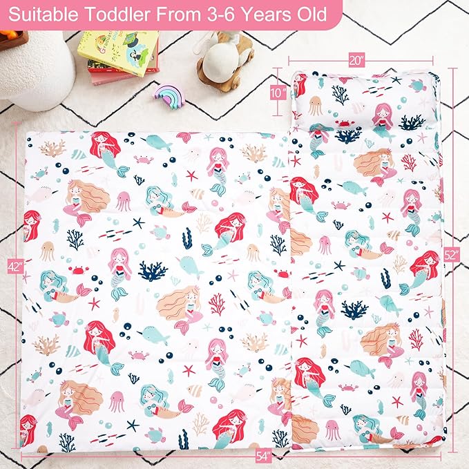 PHF Mermaid Toddler Nap Mat Set, with Removable Pillow for Toddler Girls, Soft and Lightweight for Daycare, Preschool, Travel, Kindergarten Sleeping Bag, Fits Ages 3-6 Years, Mermaid