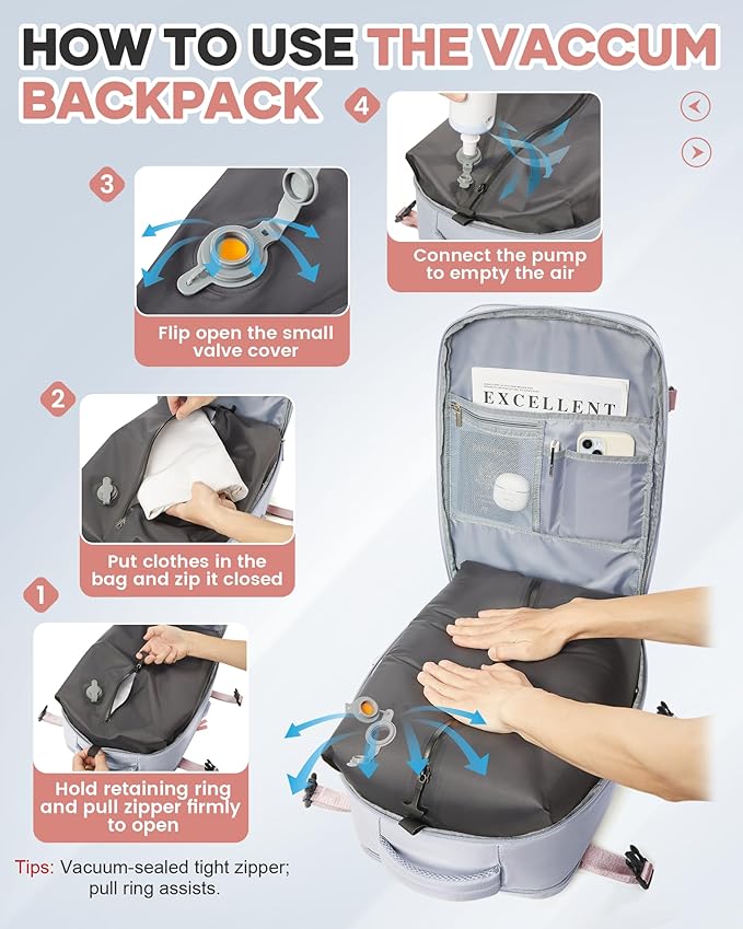 Vacuum Seal Travel Backpack with Air Pump,Compression Vacpack Waterproof Carry On Backpack for Travel Women Men with Vacuum System,Airlines Approved Daypack Laptop Space Saver Bags,Grey