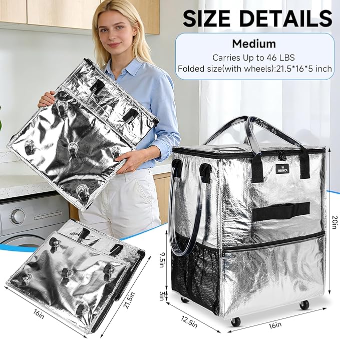 Reusable Grocery Bag On Wheels, 70L Foldable Tote with 6 Pockets, 3-Way Carry & Sturdy Handles, Zippered Top, Folds Flat for Shopping, Camping, Moving, Medium, Silver