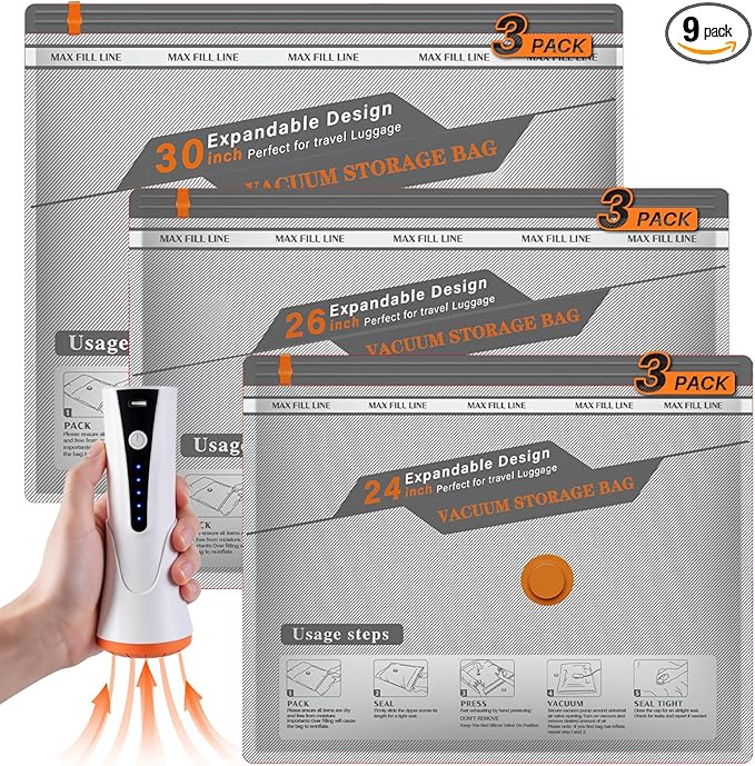 Vacuum Seal Bags for Clothing Travel, Rechargeable Wireless Pump, Portable Space Saver Bags for Clothing Travel in 3 Combo sizes, Compression Packing for Luggage, Seasonal Storage 9 Combo Set