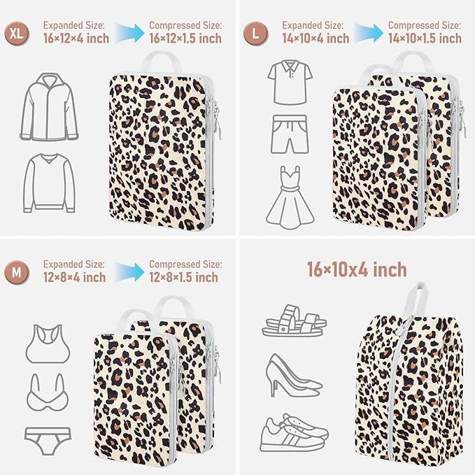 6 Set Compression Packing Cubes, Suitcase Organizer, Lightweight Travel Essentials, Compression Bags For Travel Accessories Luggage Storage Set (6Pcs, Brown Leopard)