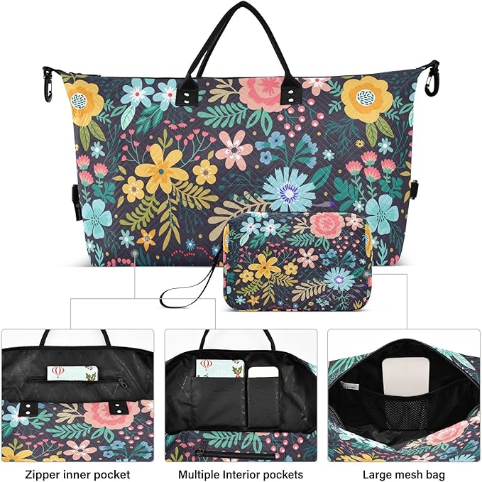 Flower Quilted Travel Bags Weekender Duffle Bags With Toiletry Bag Carry on Overnight Duffels Yoga Gym Bag for Airplanes Business Sports