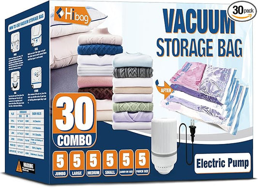 HIBAG Vacuum Storage Bags with Electric Pump, Vacuum Seal Bags for Clothing, Pillows, Blanket Bedding Comforters, 30 pack