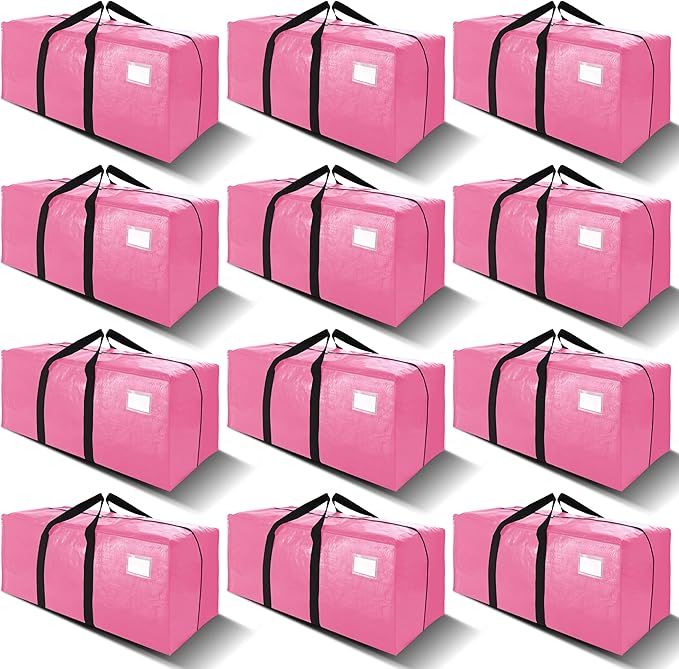 VELVETSURE 12 Pack Heavy Duty Large Moving Bags W/Backpack Straps - Strong Handles & Zippers, Storage Totes For Space Saving, Fold Flat, Alternative to Moving Box and Storage Bin, Pink
