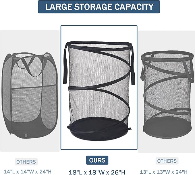 Seiritex Mesh Popup Laundry Hamper 115L Foldable Laundry Basket Extra Large Capacity Collapsible Clothing Storage Basket with Handles 26 H x 18 W x 18 L (Black)