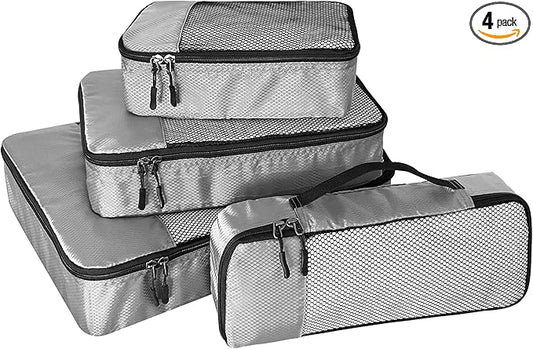 WTREE 4-Piece Packing Cubes Travel Accessories Set for Suitcases - Luggage Organizer Bags with Double Zipper - Mesh Top - Small/Medium/Large/Slim - Grey