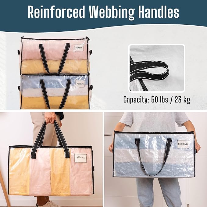 VENO 10 Pack Heavy Duty Moving Bags, Clear Storage Bags for Clothes and Comforters, College Dorm Essentials Packing Supplies, Foldable Boxes Alternative (Clear, 10 Pack)