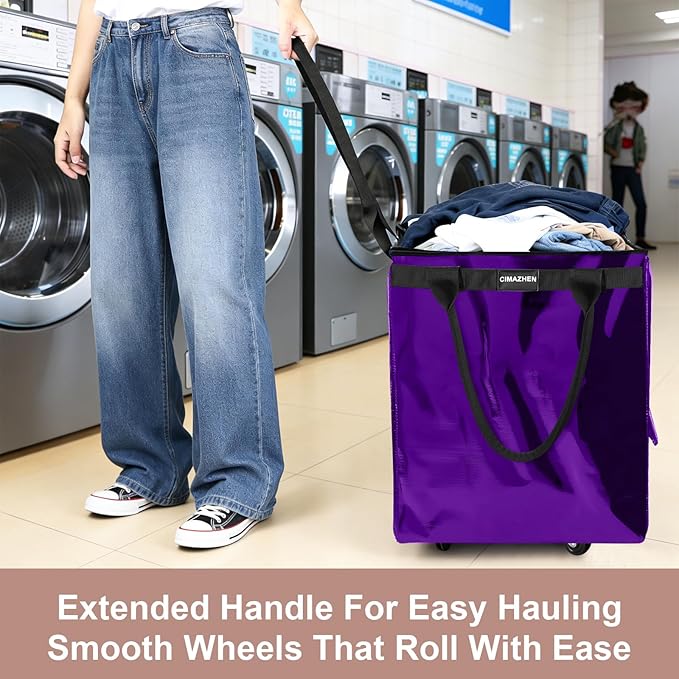 (Medium,Purple) Reusable Grocery Bag on 4 Wheels, Foldable Rolling Tote Bag with 3 Handles and Zipper, Storage Organizer for Groceries, Rolling Shopping Cart for Travel, 76lb