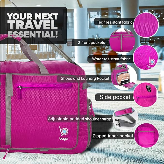 Bago Large Duffle Bag for Travel Women & Men. Durable Lightweight Foldable Travel Duffel Bags For Traveling Women. 100L Duffle Bags for Overnight Bag With Shoe Compartment Collapsible Weekender duffel