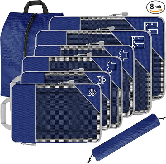 8 Set Compression Packing Cubes for Travel, Expandable Luggage Organizer with Shoe Bag & Laundry Bag - Lightweight Suitcase & Backpack Travel Essentials (Navy Blue)