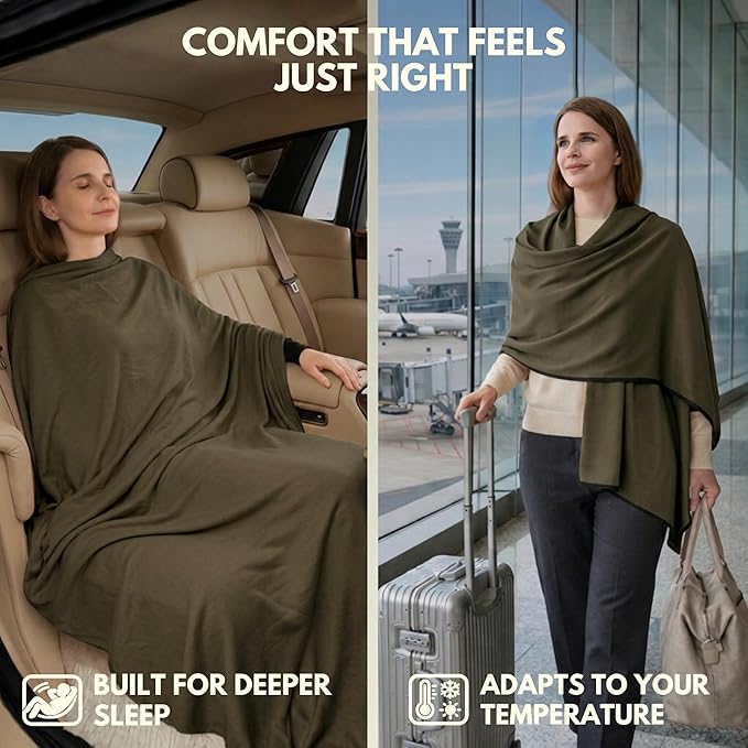 16-in-1 Compact Travel Blanket with Bag – Reversible, Ultra Soft Bamboo Airplane Blanket with Hidden Pocket – Packable for Flights & Travel Essentials (Semi-Weighted, Double Layer)