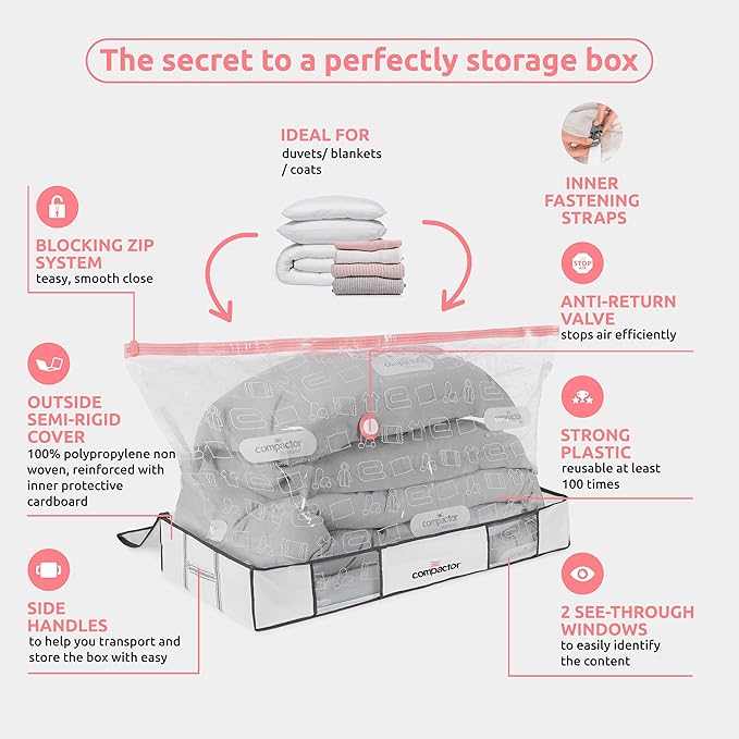 Compactor Under Bed Vacuum Storage Bag with Semi-Rigid Box, Closet Organizer, Vacuum Seal Bags for Clothing and Bedding, Fits All Vacuum and Nozzle Types, 190L, White, XL