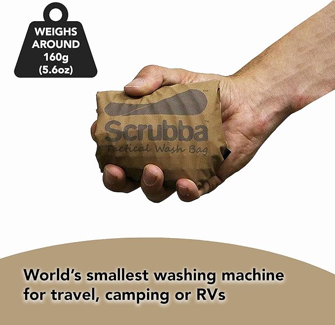 Scrubba Tactical Wash Bag & Dry Kit - Portable Washing Machine System with XL Towel, Pegless Clothesline & Hangers - Lightweight Travel Essentials Laundry Kit for Camping, Hiking, RV, Hotels