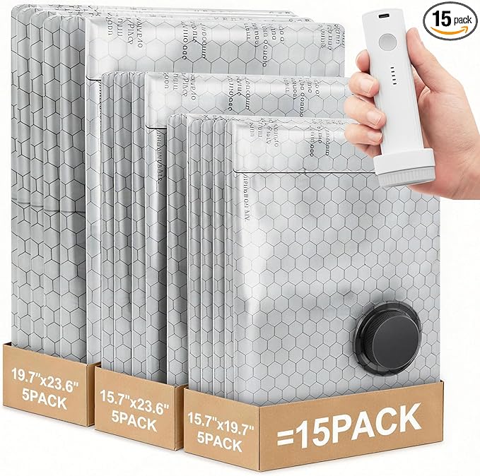 Vacuum Bags for Travel with Rechargeable Air Pump, 15 Pack Carry-on Size Compression Packing Bags to Maximize Space & Travel Storage, Space Saver for Clothes, Bedding and Pillows