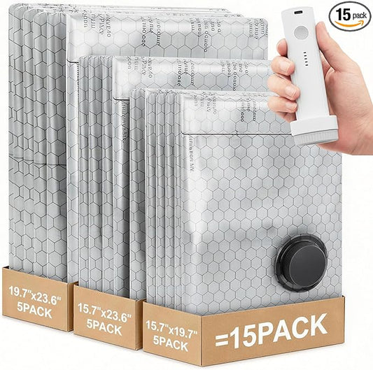 Vacuum Bags for Travel with Rechargeable Air Pump, 15 Pack Carry-on Size Compression Packing Bags to Maximize Space & Travel Storage, Space Saver for Clothes, Bedding and Pillows
