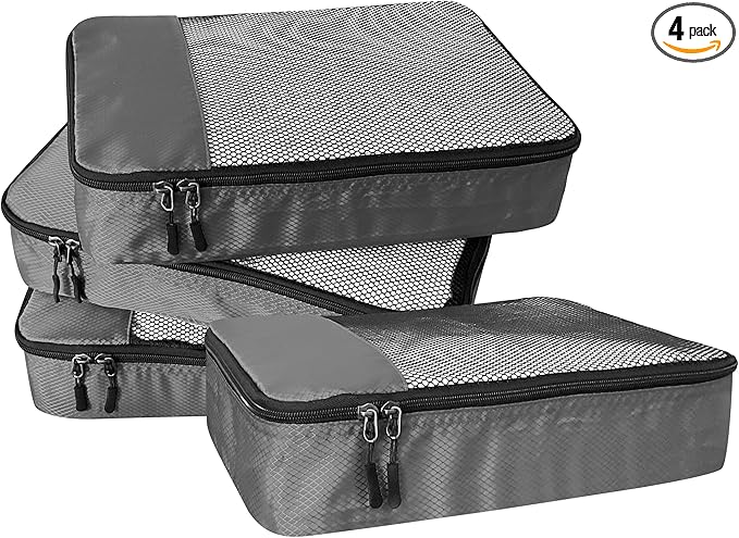 WTREE 4-Piece Packing Cubes Travel Accessories Set for Suitcases - Luggage Organizer Bags with Double Zipper - Mesh Top - Medium - Dark Grey