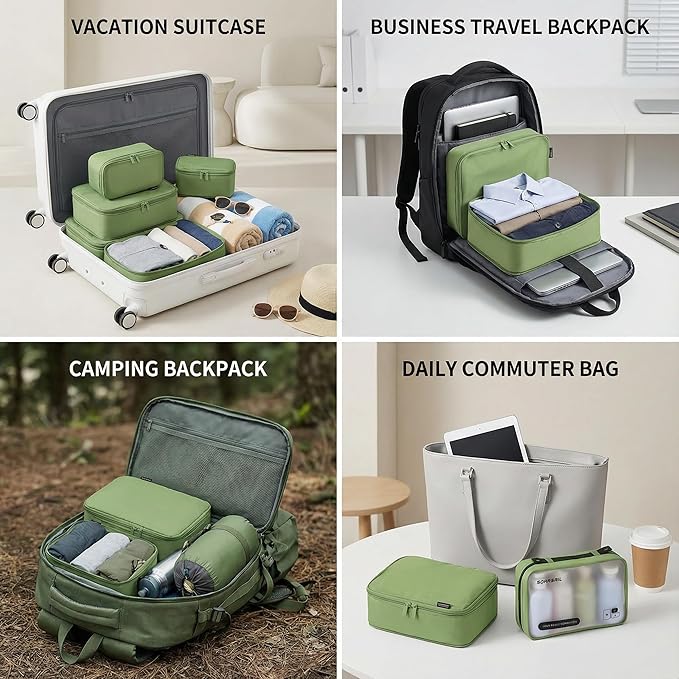 6 Set Compression Packing Cubes for 7–14 Day Travel, Durable Nylon Oxford Luggage Organizers with IP6X Waterproof Toiletry Bag, Expandable Suitcase Packing System (Forest Green)