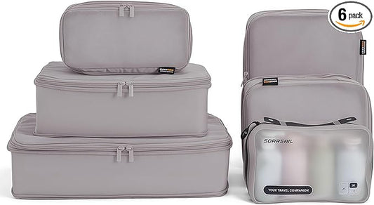 6 Set Compression Packing Cubes for 7–14 Day Travel, Durable Nylon Oxford Luggage Organizers with IP6X Waterproof Toiletry Bag, Expandable Suitcase Packing System (Misty Silver)