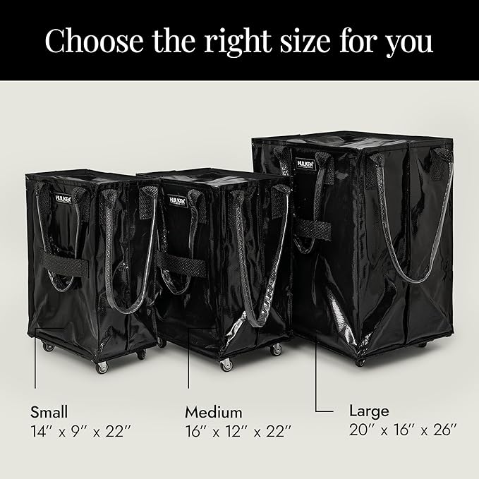 HULKEN - Large, Black - Reusable Grocery Bag On Wheels, Shopping Trolley, Rolling Tote, Zipper Closure, Lightweight, Carries Up to 66 lb & Fits 5 Grocery Bags, Folds Flat, Unbreakable Handles