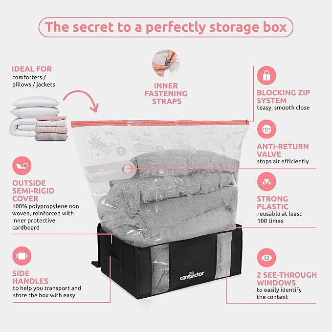 Compactor 3 Pack Vacuum Storage Bag with Semi-Rigid Box, Closet Organizer, Vacuum Seal Bags for Clothing and Bedding, Fits All Vacuum and Nozzle Types, 210L, Black, XXL