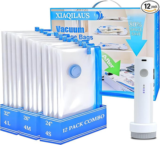 Vacuum Sealing Bags for Clothing Travel,Space Saver Vacuum Storage Bags with Wireless Air Pump (12 Combo Bags+Electric Pump)