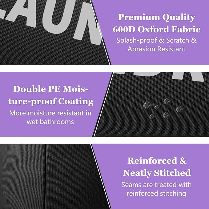 95L Large Laundry Hamper for Adult, Foldable Black Laundry Basket with Soft Handles, Freestanding Dirty Clothes Hampers, Portable Laundry Bin for Flat, Bathroom, Black