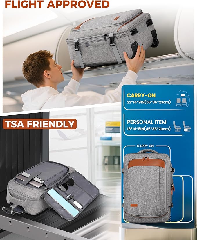 Vancropak Expandable Travel Rolling Backpack with Wheels, Airline Approved Wheeled Backpack with 3 Packing Cubes, 17 Inch Roller Carry on Luggage Suitcase Laptop Bag for Men Women, Grey