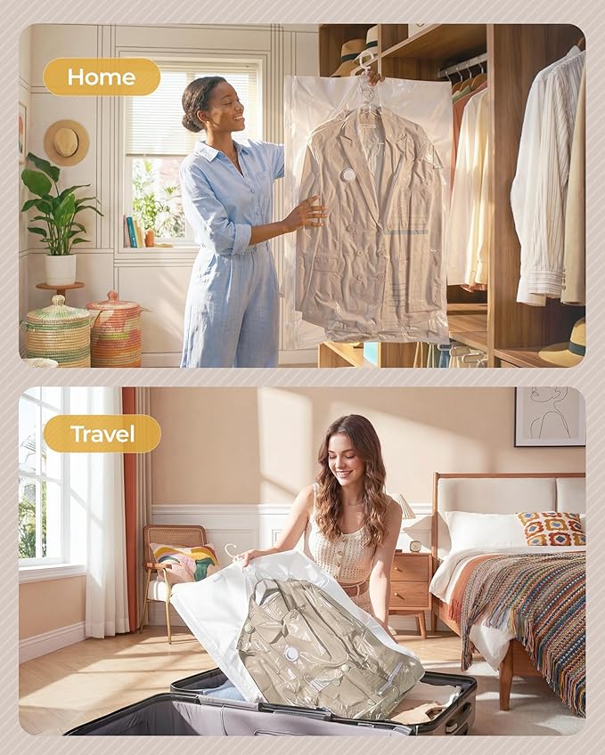 BAGSMART 4 Pack Hanging Vacuum Storage Bags for Clothes, Space Saver Bags for Closet Organization, Air-tight Vacuum Sealer Bags for Heavy Coats, Suits, Dresses, Jackets, Hand Pump Included