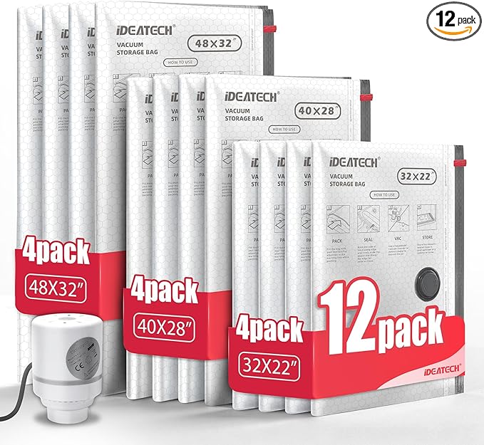 IDEATECH 12Pack Vacuum Storage Bags with Electric Pump, Jumbo Vacuum Seal Bags for Clothing, Bedding & Blankets, Heavy Duty Compression Space Saver Bags with Airtight Seal, Seasonal Storage-4M+4L+4XL