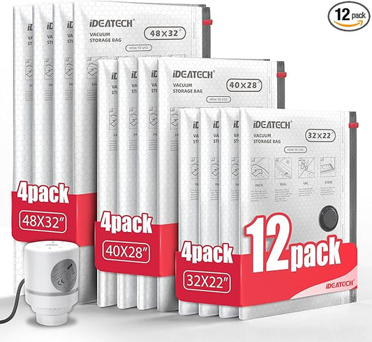 IDEATECH 12Pack Vacuum Storage Bags with Electric Pump, Jumbo Vacuum Seal Bags for Clothing, Bedding & Blankets, Heavy Duty Compression Space Saver Bags with Airtight Seal, Seasonal Storage-4M+4L+4XL