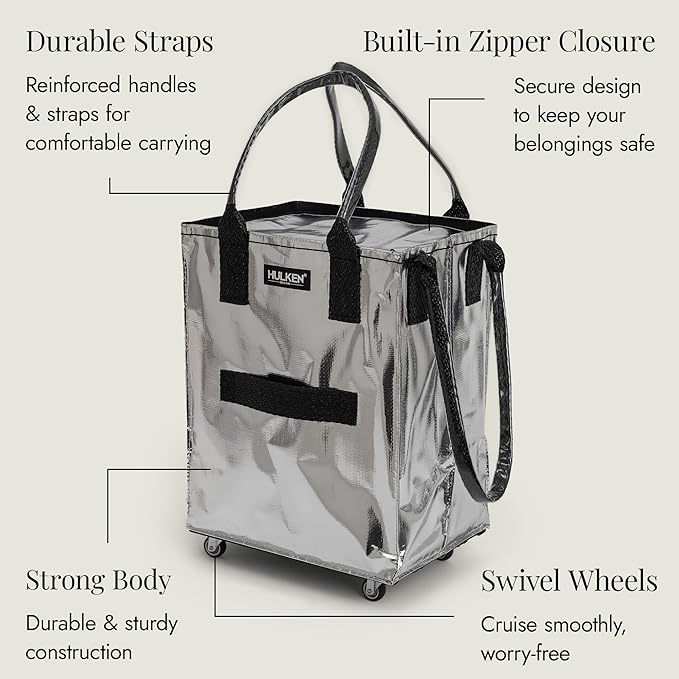 HULKEN (Medium, Silver) Reusable Grocery Bag On Wheels, Shopping Trolley, Rolling Tote, Zipper Closure, Lightweight, Carries Up to 66 lb, Folds Flat, Unbreakable Handles